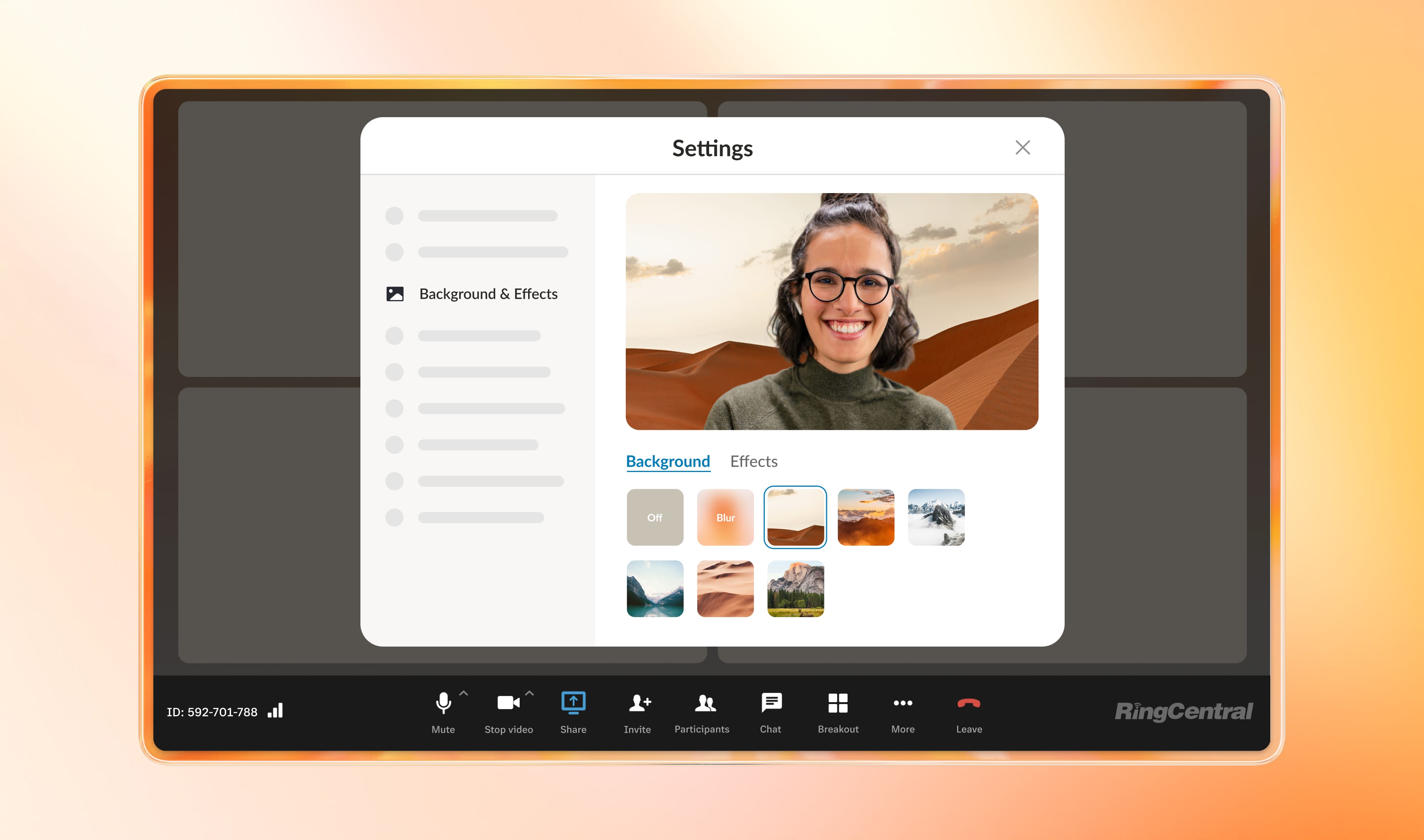 Meeting partipant choosing a virtual background available on RingCentral Video 