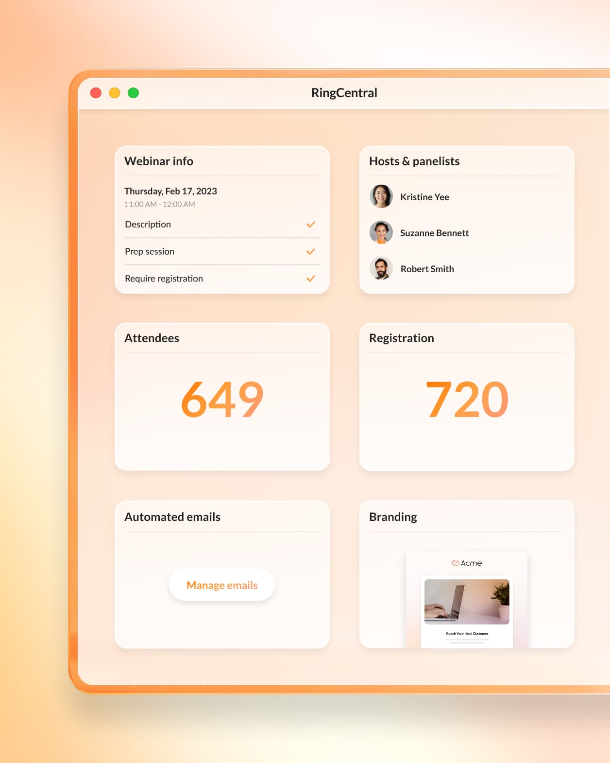 The analytics and reporting panel of RingCentral Webinar showing attendance and engagement numbers