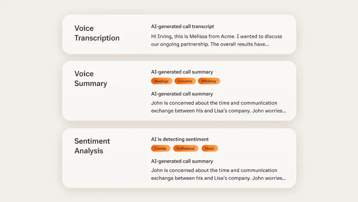 The features of AI Conversation Expert such as voice transcription, voice summary and sentiment analysis