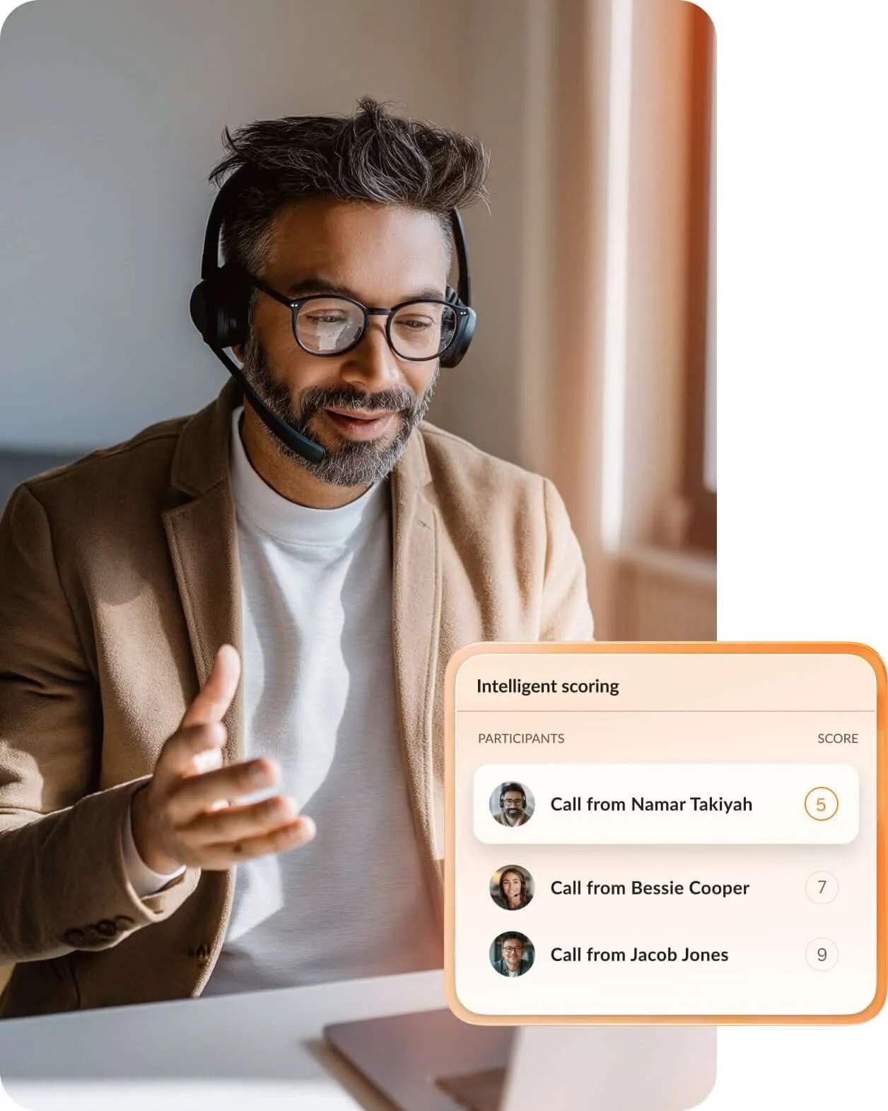 A contact center manager reviewing agent performance with RingCX intelligent scoring