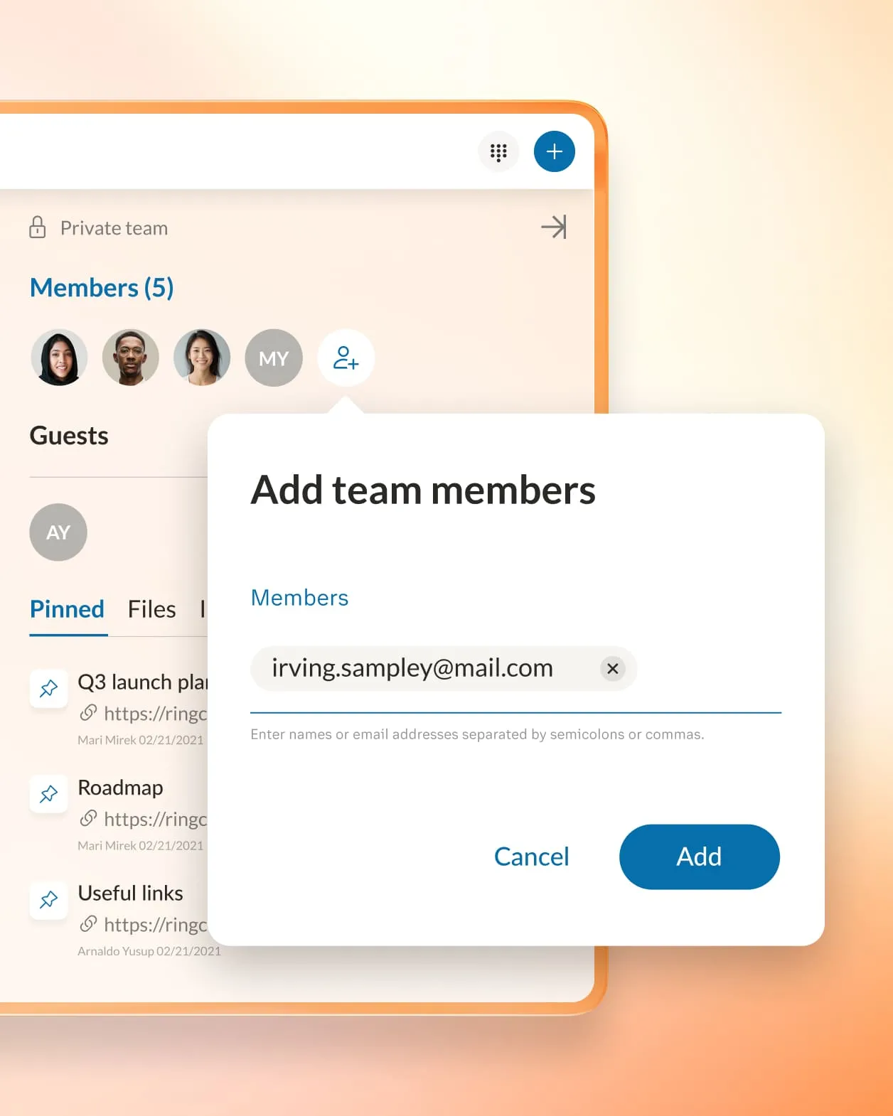 The Add Team Members Option of the RingCentral Team Messaging feature