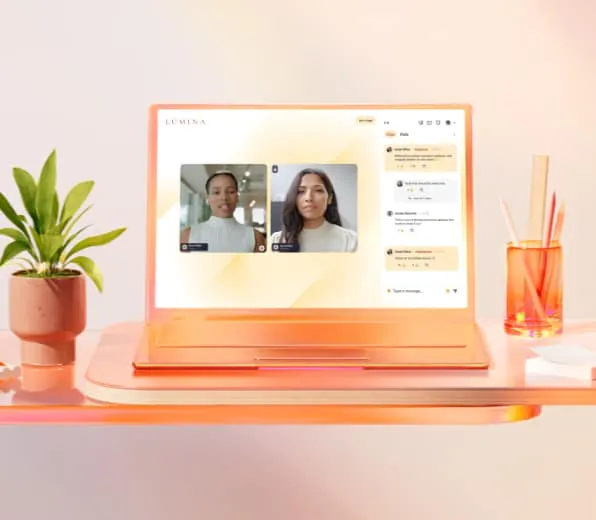 A sleek orange laptop featuring a RingCentral Event