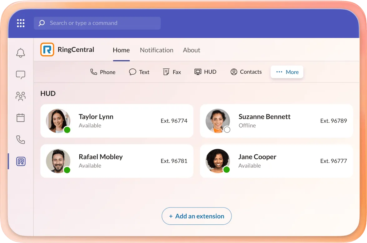 The RingCentral interface featuring contacts with their presence on the MS Teams app