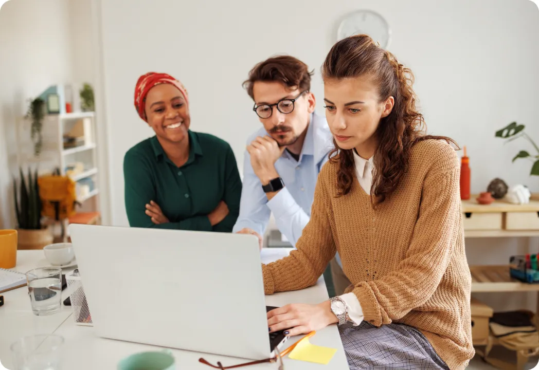 Company employees in discussion