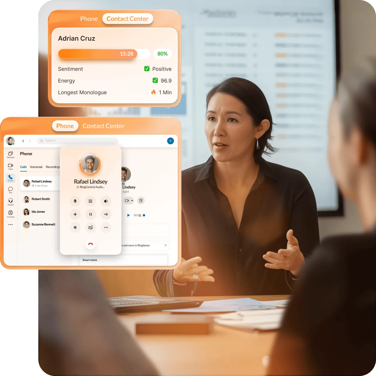 A female customer using her laptop, with an inset displaying RingCentral's Message AI Writer change tone feature.