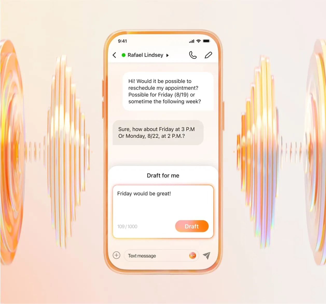 A sample message draft generated using RingCentral's AI Writer for SMS