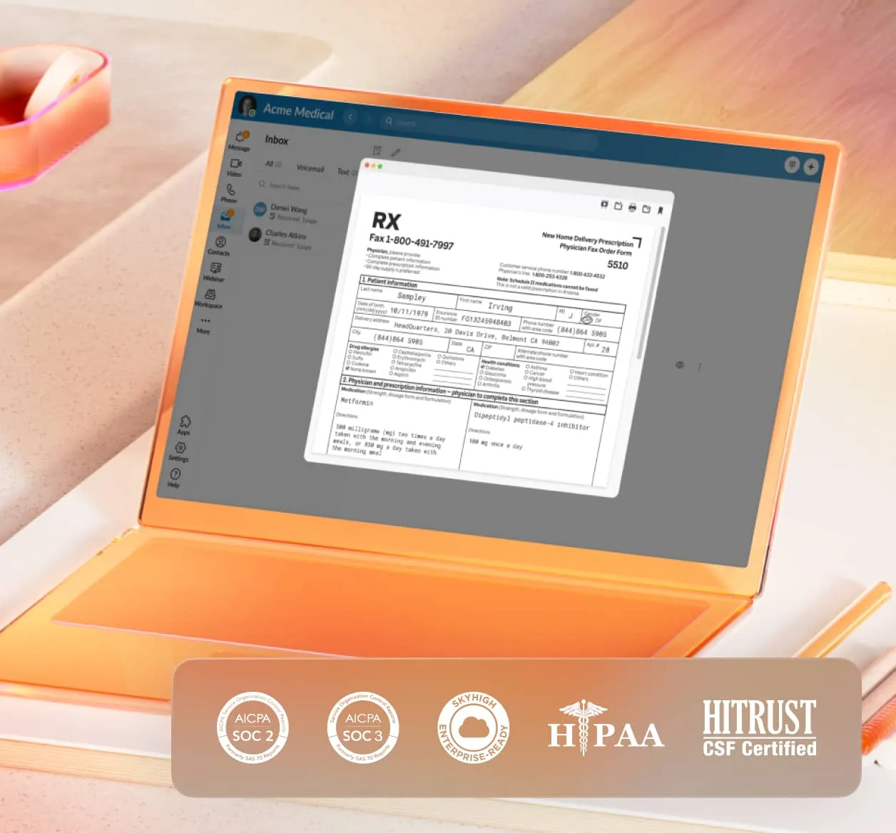 An eFax being sent via the RingCentral app on a laptop with an insert of the AICPA SOC2, AICPA SOC 3. SkyHigh Enterprise ready HIPAA, and HiTrust CSF certified badges