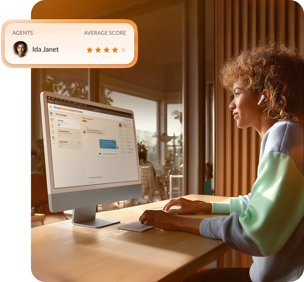 A woman sits at her computer, viewing the RingCentral Contact Center dashboard. With an inlay image of the Agent score feature