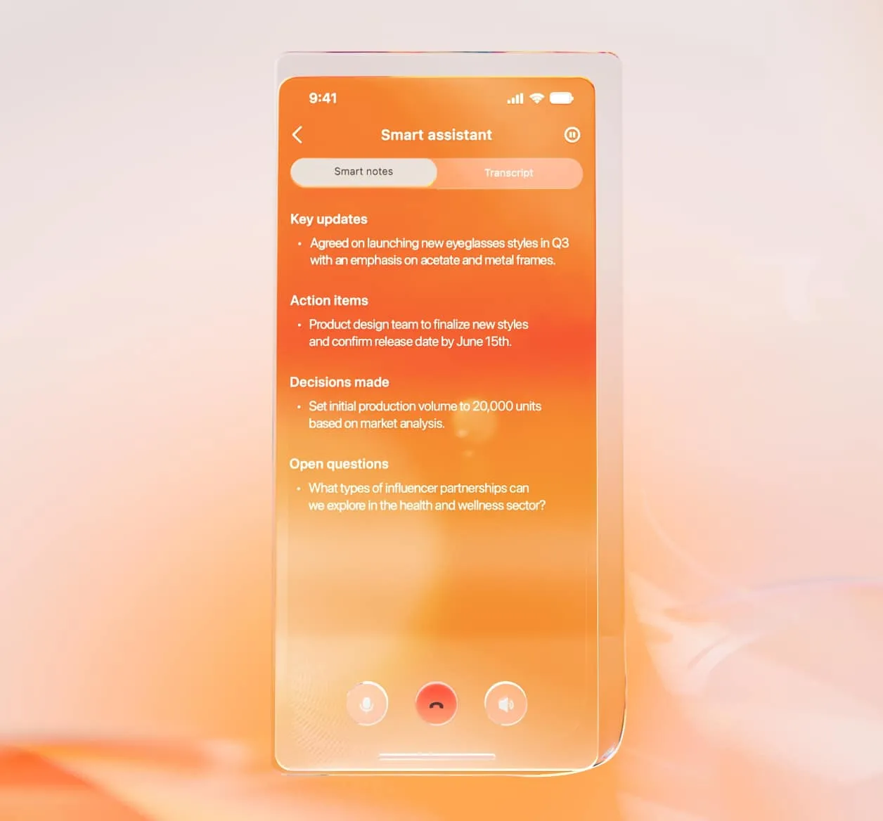 The RingCentral smart assistant with a smart inbox. It features categories: Key updates, Action items, Decisions made, and Open Questions