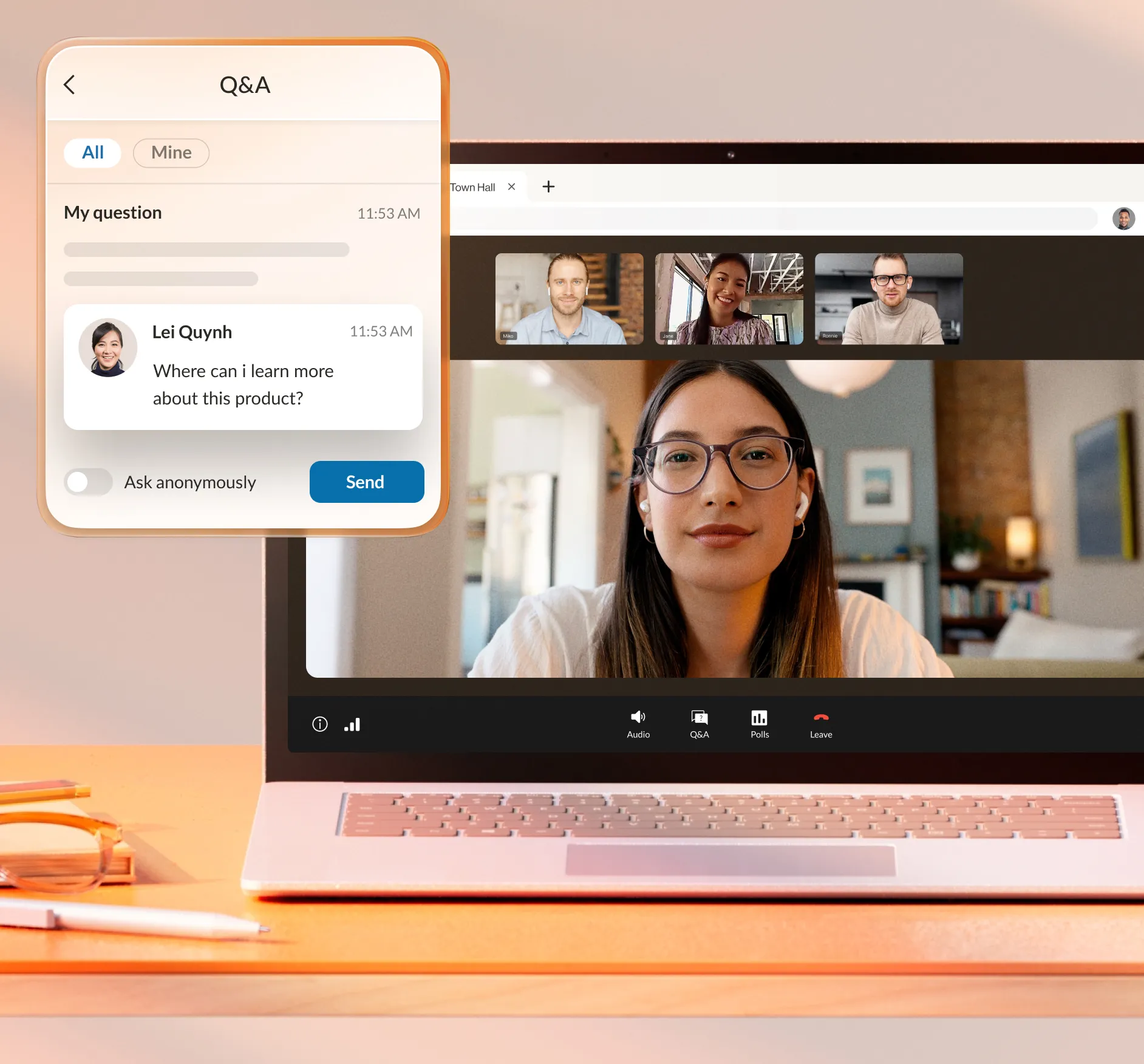 An ongoing RingCentral Webinar shown in a laptop with an inlay of the Q&A interface
