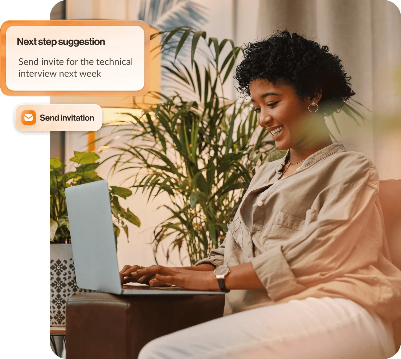 A woman typing on her laptop while sitting on a couch with an inlay of the Send Invitation option