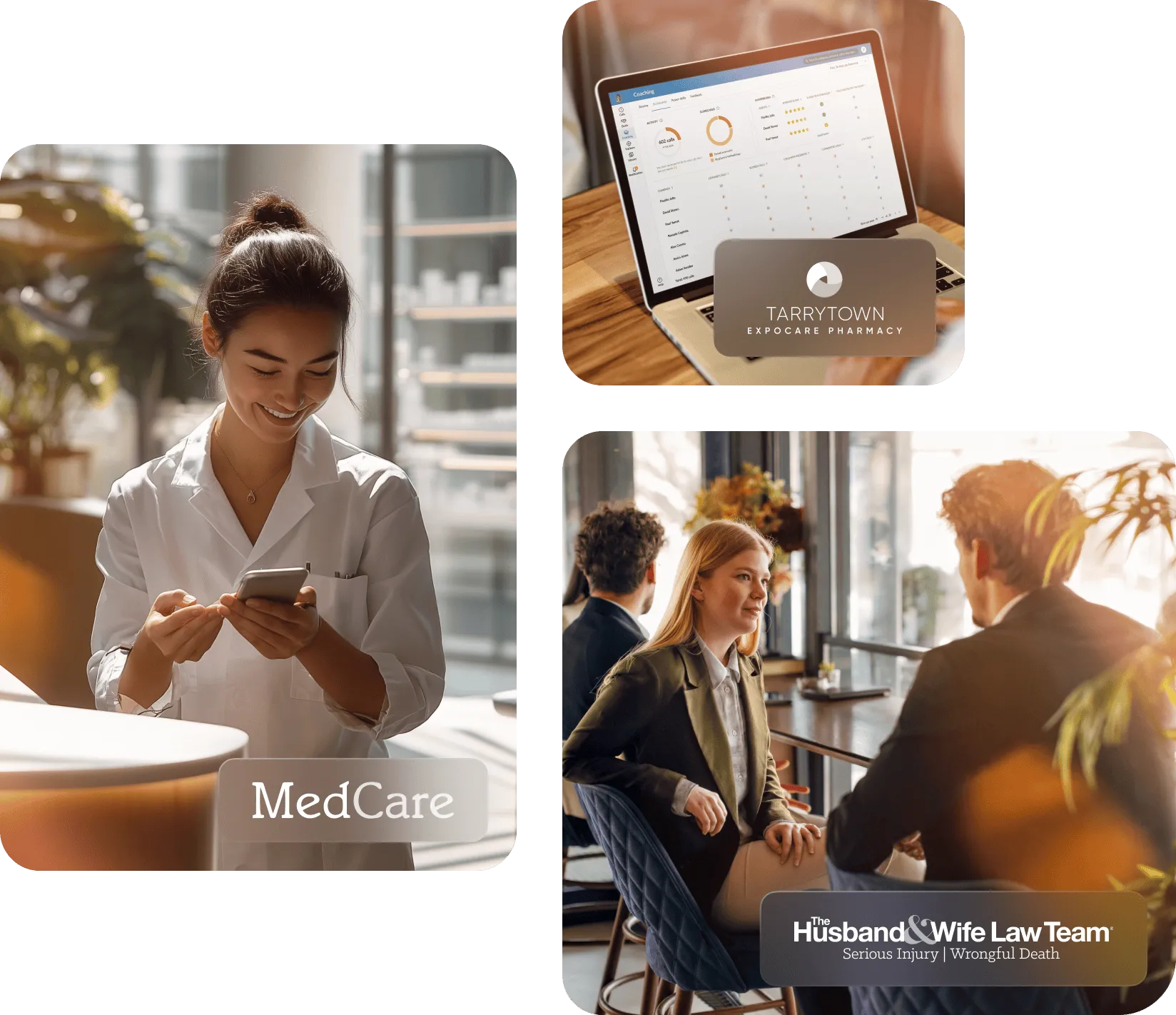 A woman in a medical lab coat looking at her phone with inlay MedCare logo. An analytics dashboard with an inaly of TarryTown logo. A man and a woman in conversation wiyth inlay of Husband & Wife Law Team logo