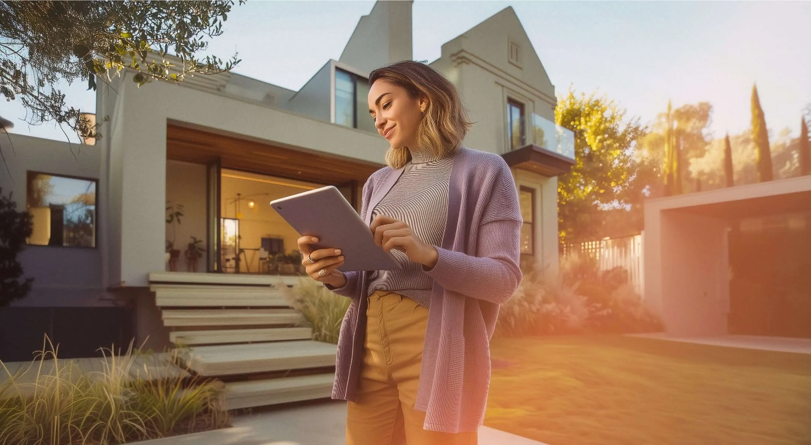 A female real estate agent standing out front of a home while looking at a tablet. 