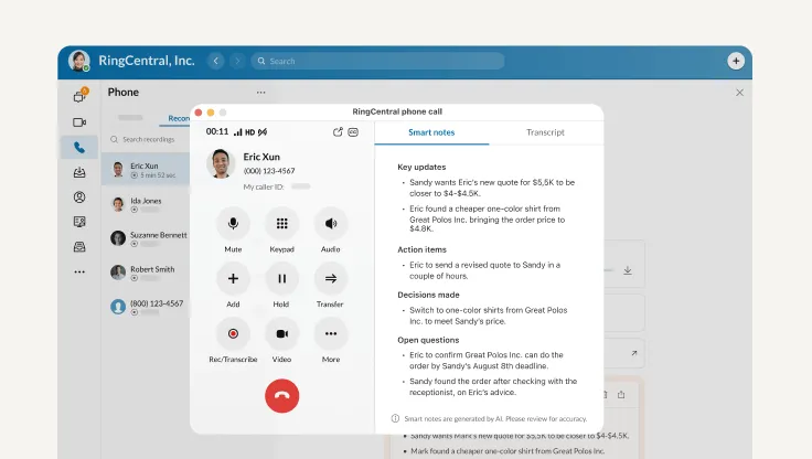 The smart notes feature in an ongoing RingEX phone call
