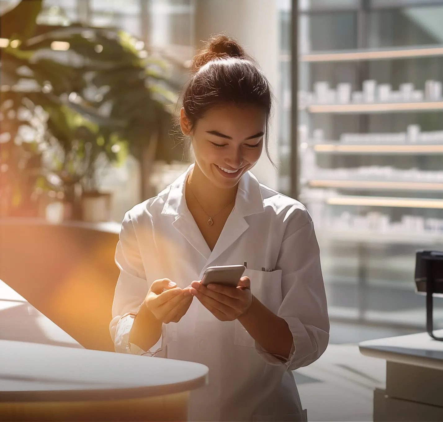 A female in white medical robe looking at her phone while at her desk