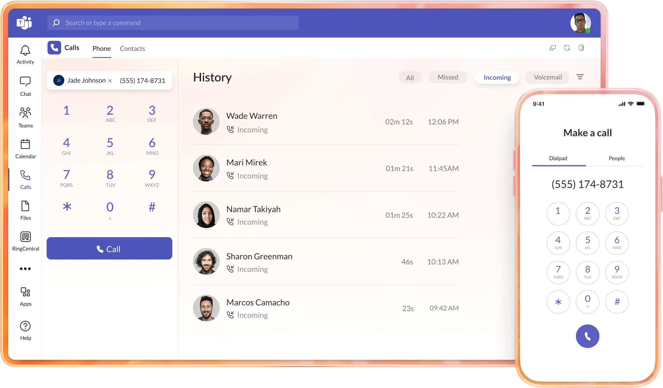 The RingCentral dialpad on mobile on top of phone history in Microsoft Teams with RingCentral embedded app