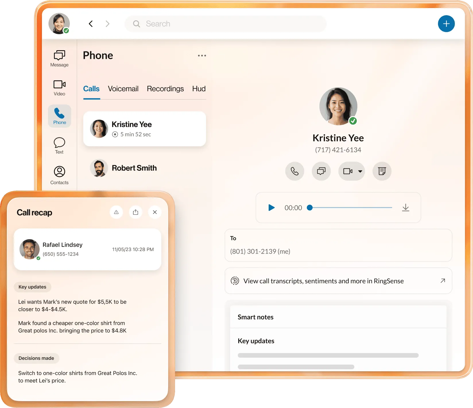 An inset reveals a call recap for Rafael Lindsey with AI-powered updates and key notes. on top of the RingCentral Phone app.
