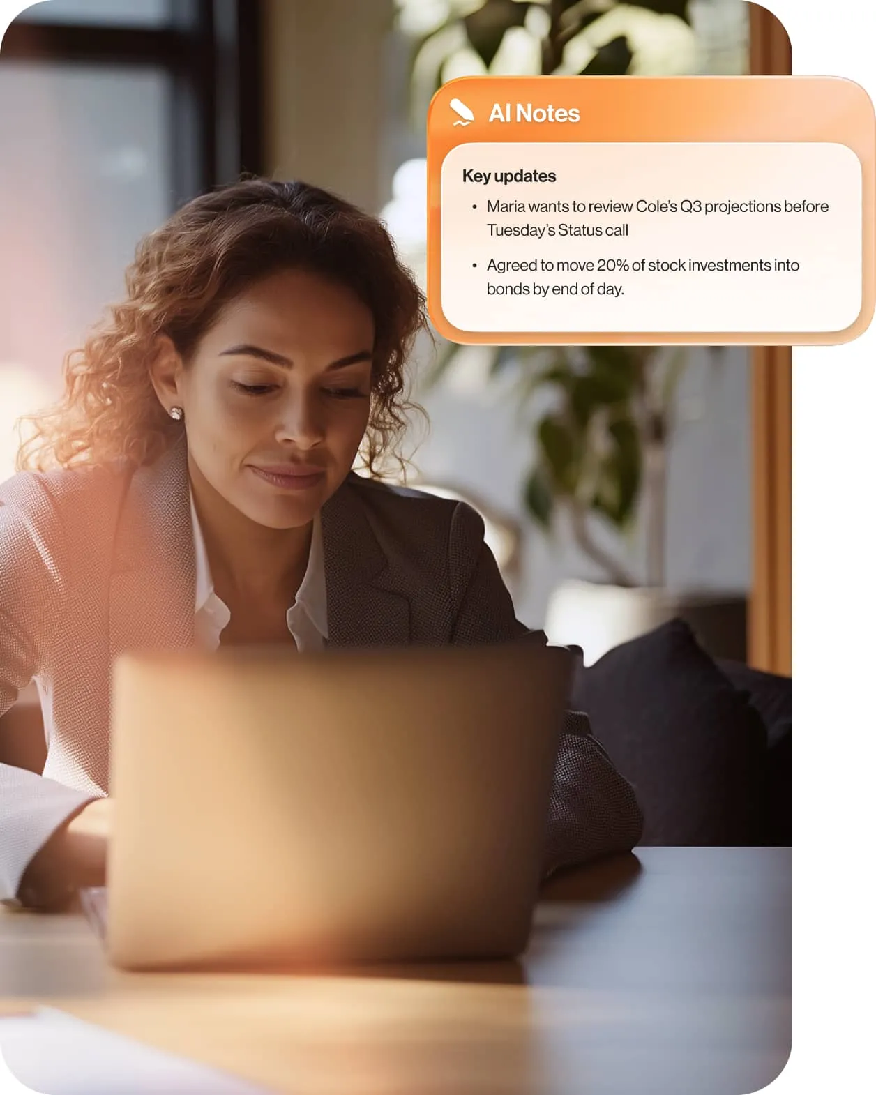 A female manager reviewing RingCentral AI notes after a call